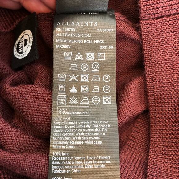 All Saints mens maroon merino wool turtleneck sweater size Extra Large XL - Picture 9 of 14